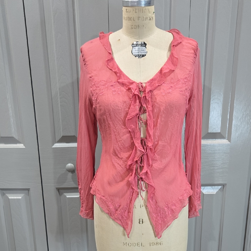 VINTAGE SALMON PINK SHEER RUFFLE 90s / Y2K LONG SLEEVE FRONT TIE SILK BLOUSE